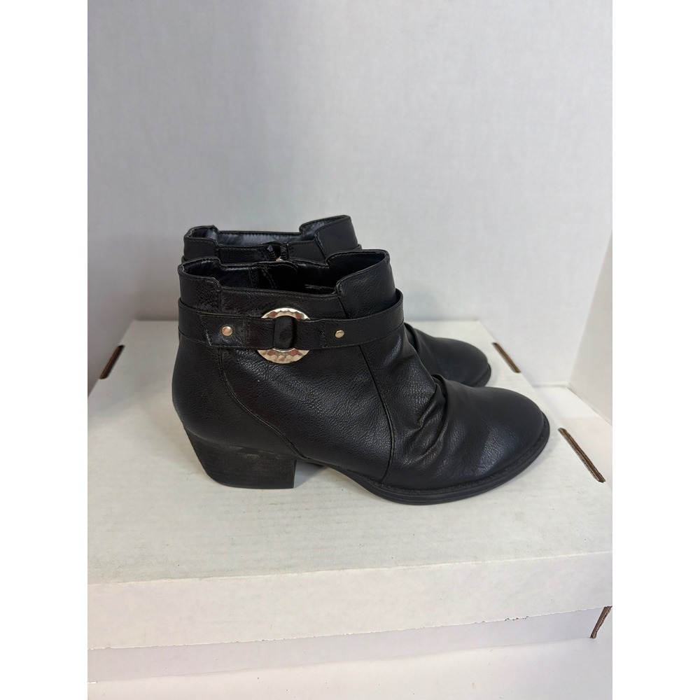 Dr. Scholls Janessa Black Ruched Ankle Boots Gold Ring Strap Block Heel 10M - Picture 4 of 10